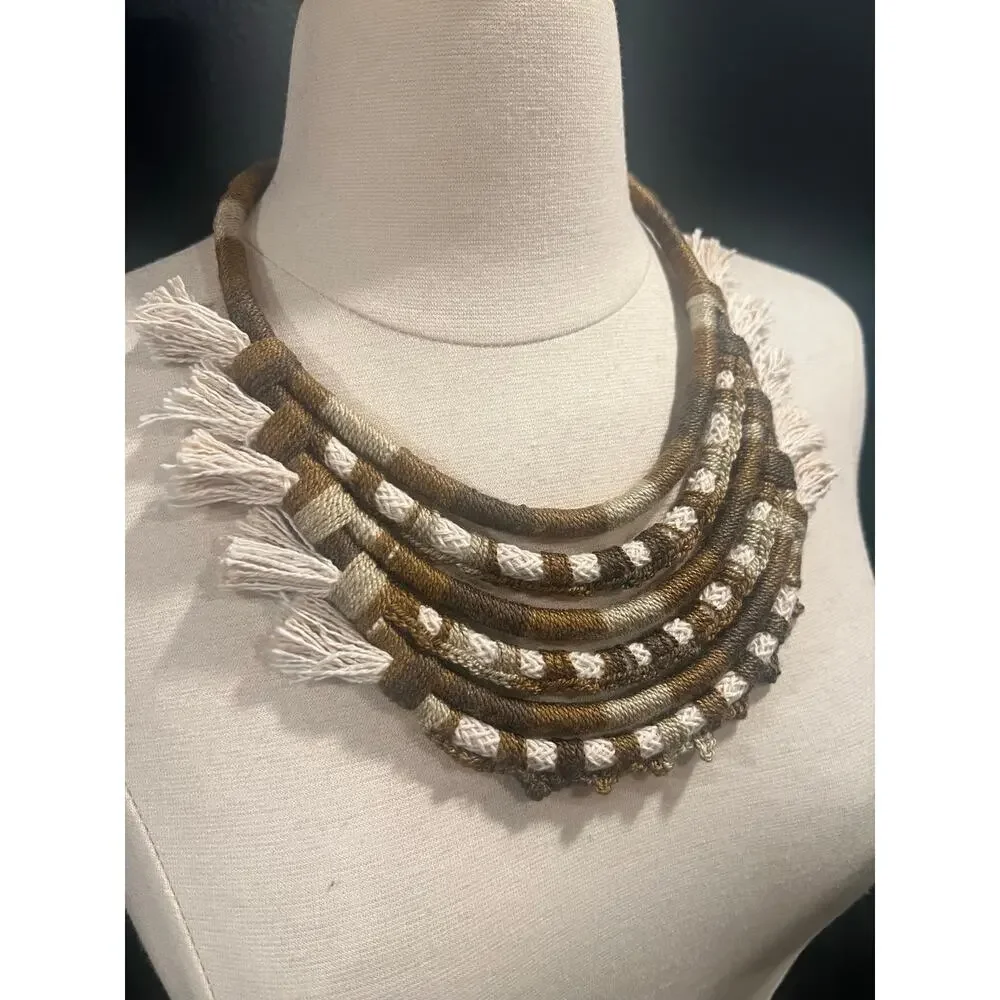 Statement Necklace Layered Woven Rope Fringe Fiber Art Boho Bib Handmade